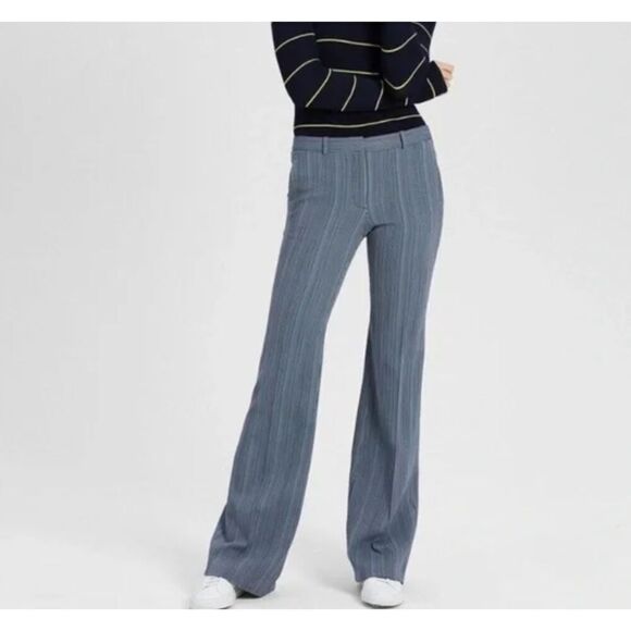 Theory Demitria 2 Eldora Wool Stripe Flare Leg Pants Textured Navy Blue Size 10 - Picture 1 of 16